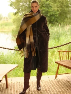 Love & Roses Chocolate Brown Tipped Midi Shearling Coat Online