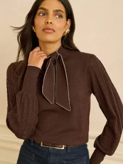 Love & Roses Tie Neck Knitted Jumper Chocolate Brown Outlet