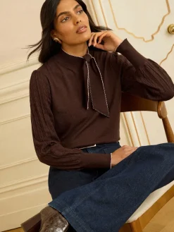 Love & Roses Tie Neck Knitted Jumper Chocolate Brown Outlet