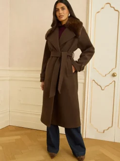 Love & Roses Chocolate Brown Fur Collared Wrap Coat Hot