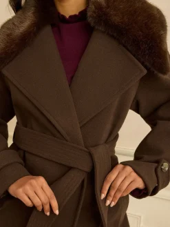 Love & Roses Chocolate Brown Fur Collared Wrap Coat Hot