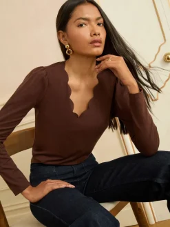 Love & Roses Chocolate Brown Scallop V-Neck Long Sleeve Jersey Top Sale