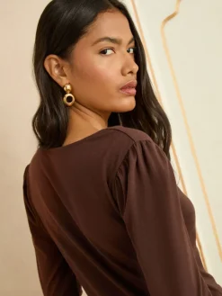 Love & Roses Chocolate Brown Scallop V-Neck Long Sleeve Jersey Top Sale