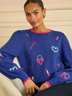 Love & Roses Embroidered Detail Knitted Jumper Cobalt Blue Sale
