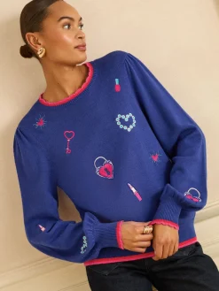 Love & Roses Embroidered Detail Knitted Jumper Cobalt Blue Sale