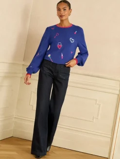 Love & Roses Embroidered Detail Knitted Jumper Cobalt Blue Sale