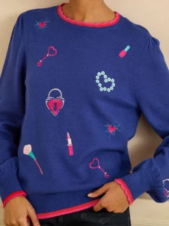Love & Roses Embroidered Detail Knitted Jumper Cobalt Blue Sale