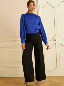 Love & Roses Long Sleeve Satin Cowl Neck Blouse Cobalt Blue Outlet