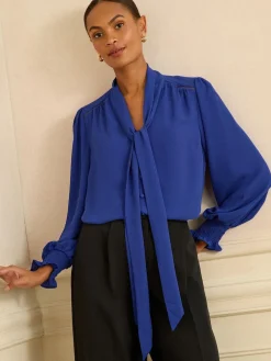 Love & Roses Petite Long Sleeve Pussybow Blouse Cobalt Blue Outlet