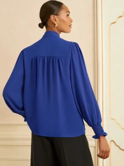 Love & Roses Petite Long Sleeve Pussybow Blouse Cobalt Blue Outlet