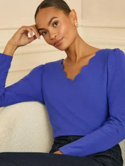 Love & Roses Cobalt Blue Scallop V-Neck Long Sleeve Jersey Top
