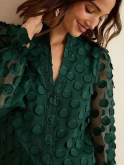 Love & Roses Petite 3D Spot Long Sleeve Blouse Dark Green Outlet