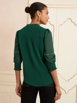 Love & Roses V-Neck Hardware 3/4 Sleeve Blouse Forest Green Hot