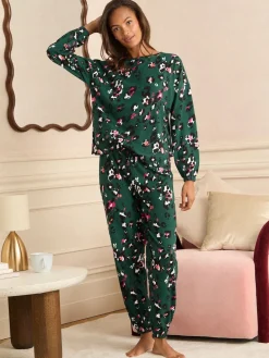 Love & Roses Jersey Long Sleeve Pyjamas Set Forest Green Leopard Print Outlet