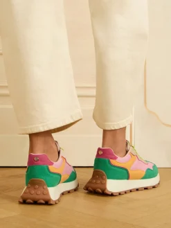 Love & Roses Mix Material Retro Comfort Jogger Trainers Green Pink Multi Hot