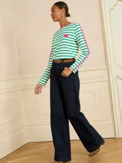 Love & Roses Long Sleeve Top Green Stripe Heart Ric Rac Trim Outlet