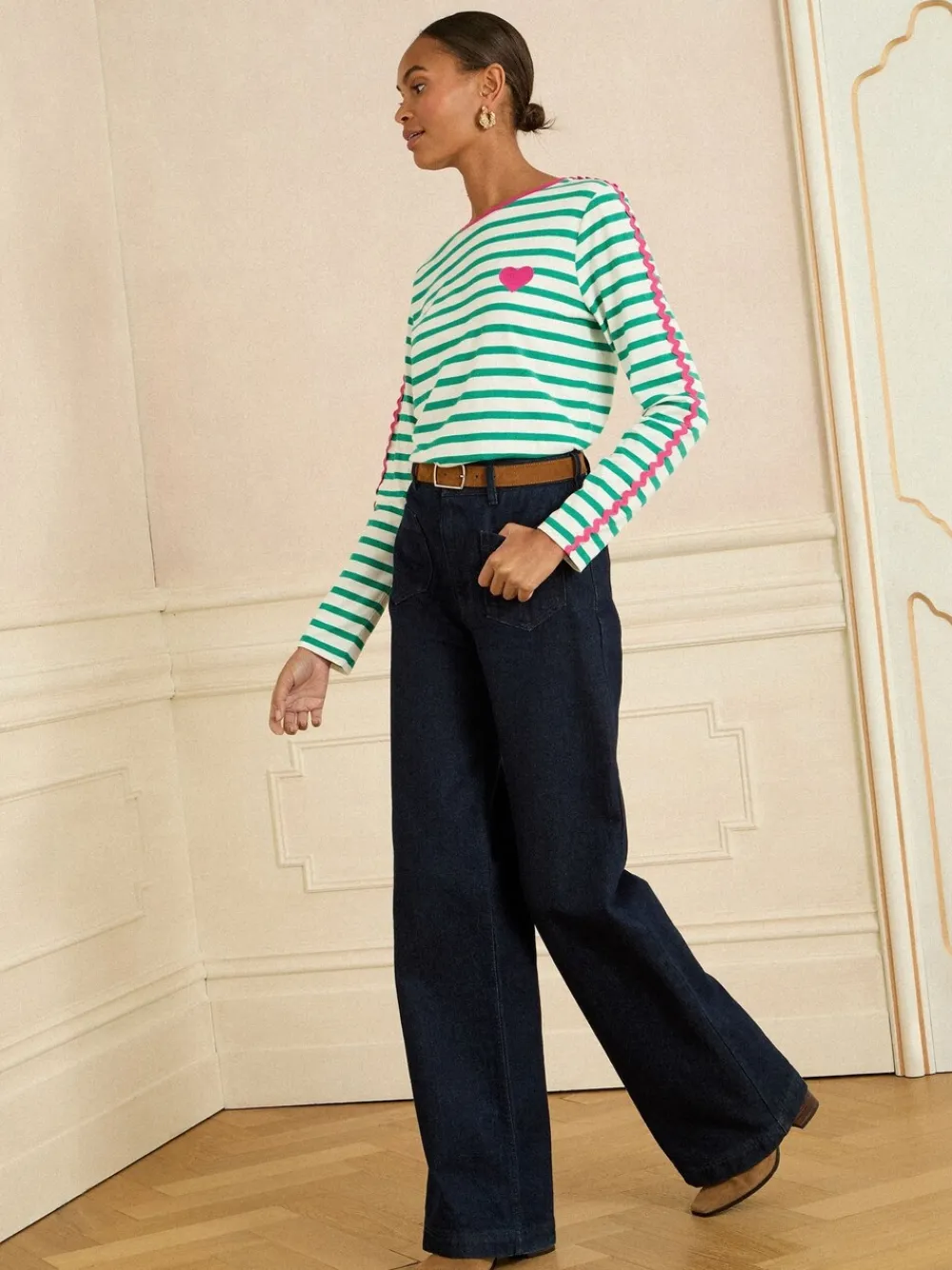 Love & Roses Long Sleeve Top Green Stripe Heart Ric Rac Trim Outlet