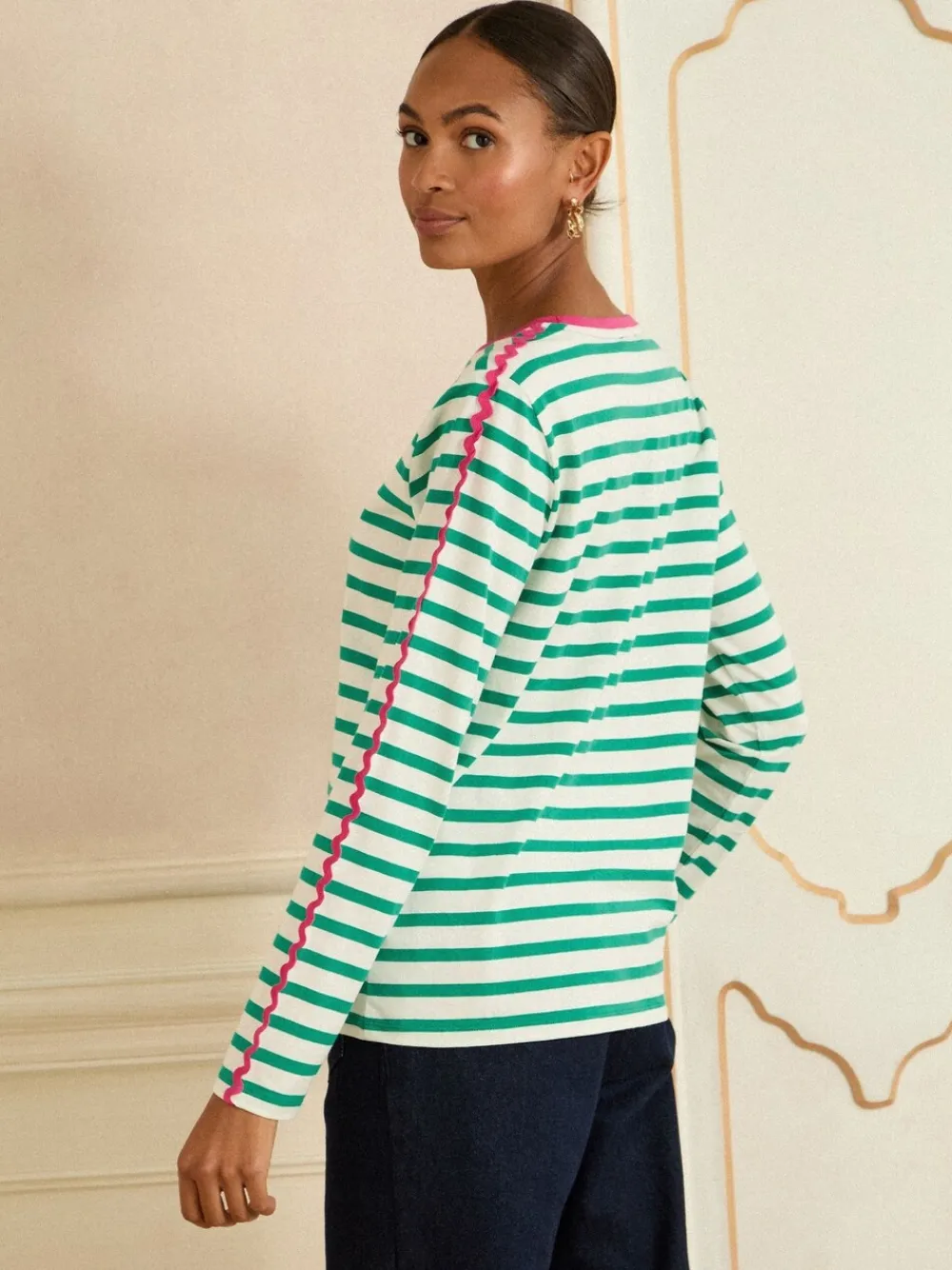 Love & Roses Long Sleeve Top Green Stripe Heart Ric Rac Trim Outlet