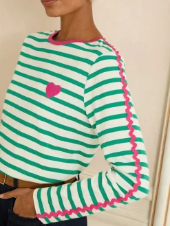 Love & Roses Long Sleeve Top Green Stripe Heart Ric Rac Trim Outlet