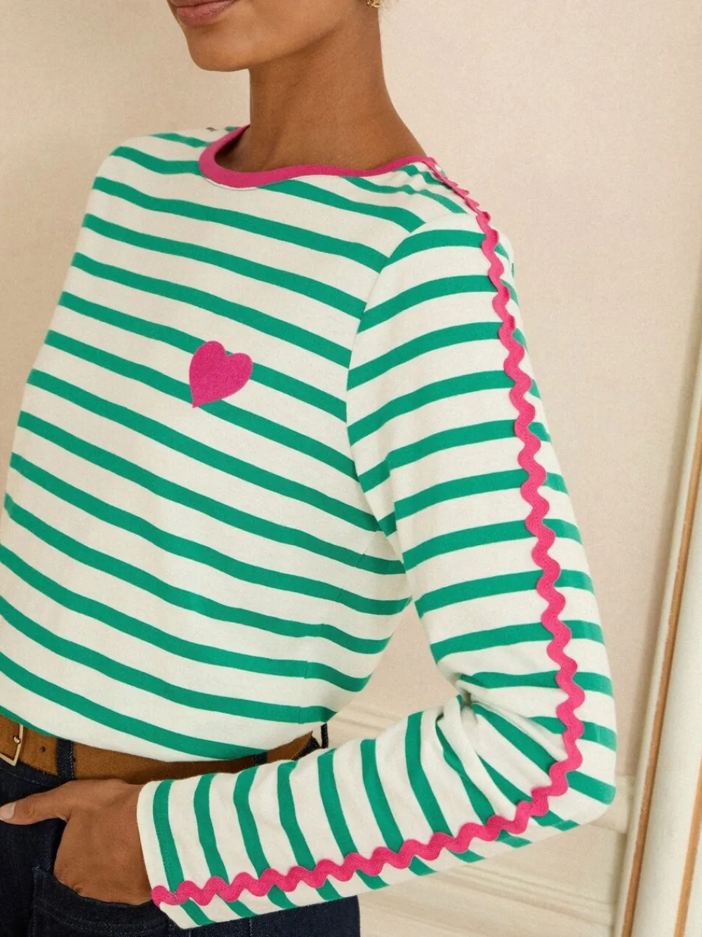 Love & Roses Long Sleeve Top Green Stripe Heart Ric Rac Trim Outlet