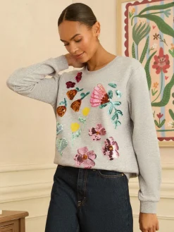 Love & Roses Grey Floral Sequin Embroidered Sweat Top Outlet