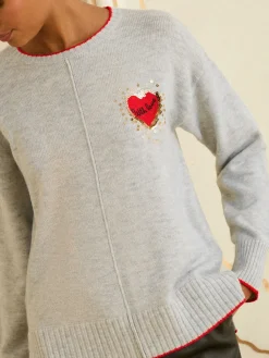 Love & Roses Cosy Knitted Jumper Grey Sequin Red Love Heart Best