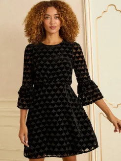 Love & Roses Heart Burnout Flute Sleeve Mini Dress Hot