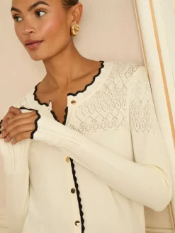 Love & Roses Ivory and Black Scallop Knitted Cardigan Clearance