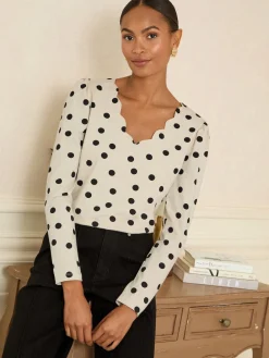 Love & Roses Ivory and Black Spot Print Scallop V-Neck Long Sleeve Jersey Top Outlet