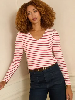 Love & Roses Ivory and Red Stripe Scallop V-Neck Long Sleeve Jersey Top Online