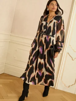 Love & Roses Ivory Animal PU Trim Midi Dress Online