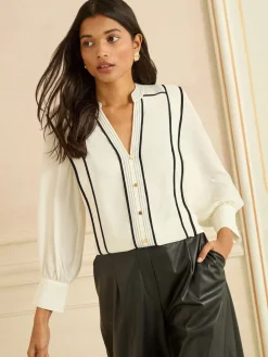 Love & Roses Ivory Contrast 3/4 Sleeve Notch Neck Blouse Clearance