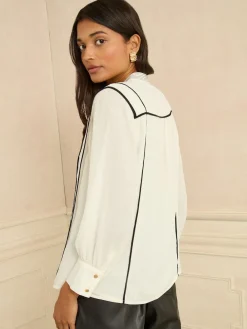 Love & Roses Ivory Contrast 3/4 Sleeve Notch Neck Blouse Clearance