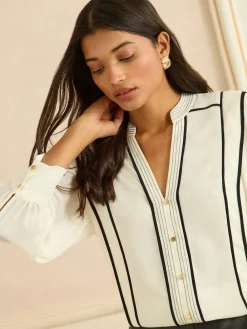 Love & Roses Ivory Contrast 3/4 Sleeve Notch Neck Blouse Clearance