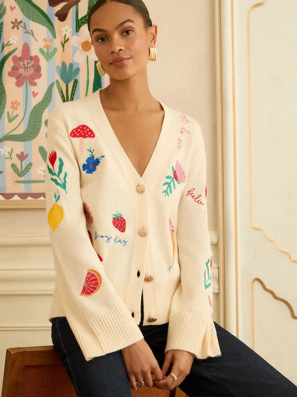 Love & Roses Ivory Embroidered Knitted Cardigan Online