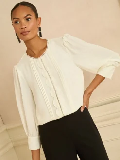 Love & Roses Petite 3/4 Sleeve Scallop Detail Blouse Ivory Outlet