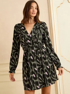 Love & Roses V-Neck Mini Dress Khaki Green Animal Print