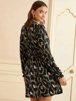 Love & Roses V-Neck Mini Dress Khaki Green Animal Print