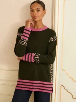 Love & Roses Khaki Green Animal Side Stripe Crew Neck Cosy Jumper New