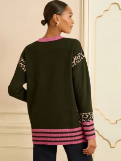 Love & Roses Khaki Green Animal Side Stripe Crew Neck Cosy Jumper New