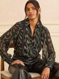 Love & Roses Petite Button Through Long Sleeve Shirt Khaki Green Online