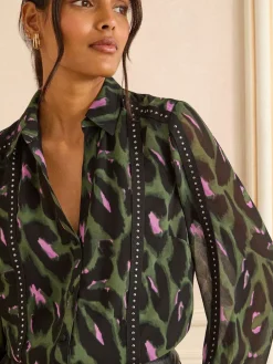 Love & Roses Petite Button Through Long Sleeve Shirt Khaki Green Online