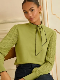 Love & Roses Tie Neck Knitted Jumper Lime Green Discount