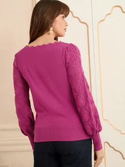 Love & Roses Magenta Pink Bobble Stitch Scallop Knit Jumper Discount