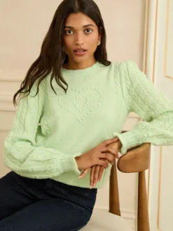 Love & Roses Bobble Stitch Cosy Knitted Jumper Mint Green Heart