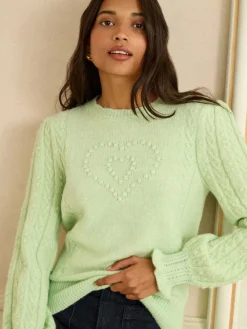 Love & Roses Bobble Stitch Cosy Knitted Jumper Mint Green Heart
