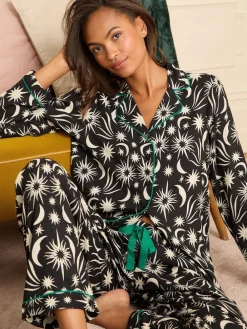 Love & Roses Moon Print Black/White Button Down Pyjamas Set New