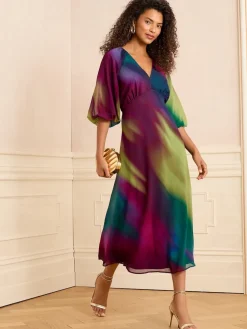 Love & Roses Multi Ombre Printed V-Neck Puff Sleeve Midi Dress Clearance