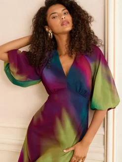 Love & Roses Multi Ombre Printed V-Neck Puff Sleeve Midi Dress Clearance