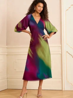 Love & Roses Multi Ombre Printed V-Neck Puff Sleeve Midi Dress Clearance
